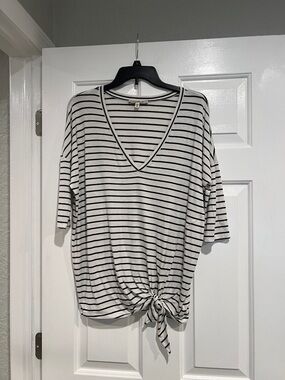 Express Black & White Striped V-Neck Tie-Front Top